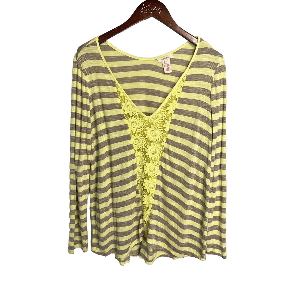 Sundance Women’s‎ Silk Striped Crocheted Embroidered V-neck Blouse Top Sz Large
